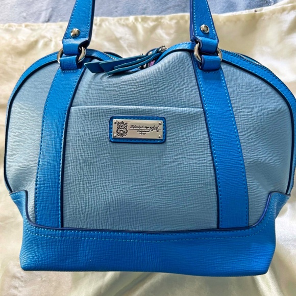 SATCHEL, LEATHER, BLUE WITH MULTICOLOUR FLORAL, TOP DOUBLE ZIP CLOSURE, TWO - Picture 8 of 16